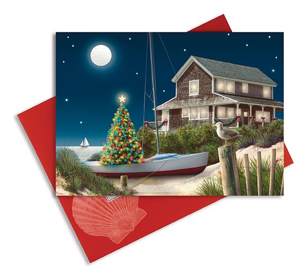 Greeting Cards - Embellished Christmas Cards - Moonlit Beach House