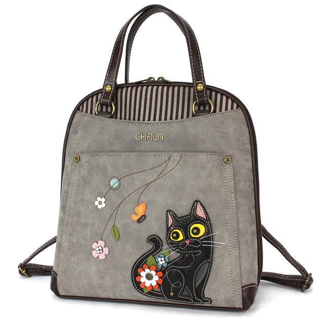 Convertible Backpack Purse - Grey Black Cat