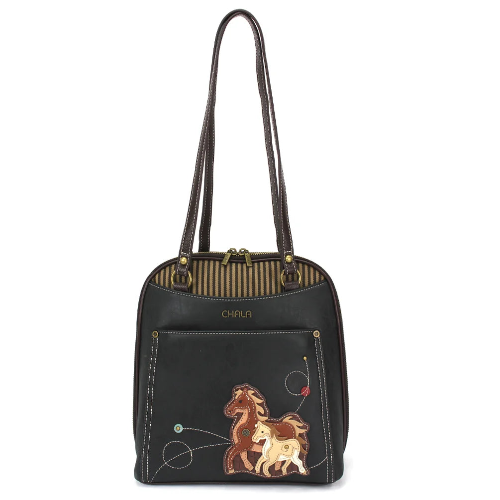 Convertible Backpack Purse - Horse Family Black