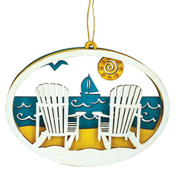 Ornament - Laser Cut Wood Ornament - Beach Scene Adirondack Chairs