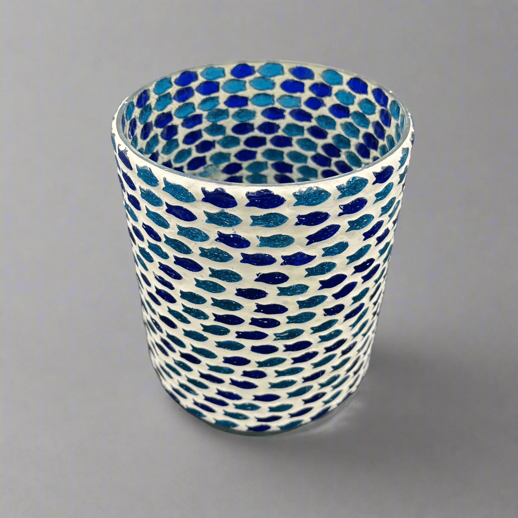 Candle Holder - White & Blue Fish Mosaic