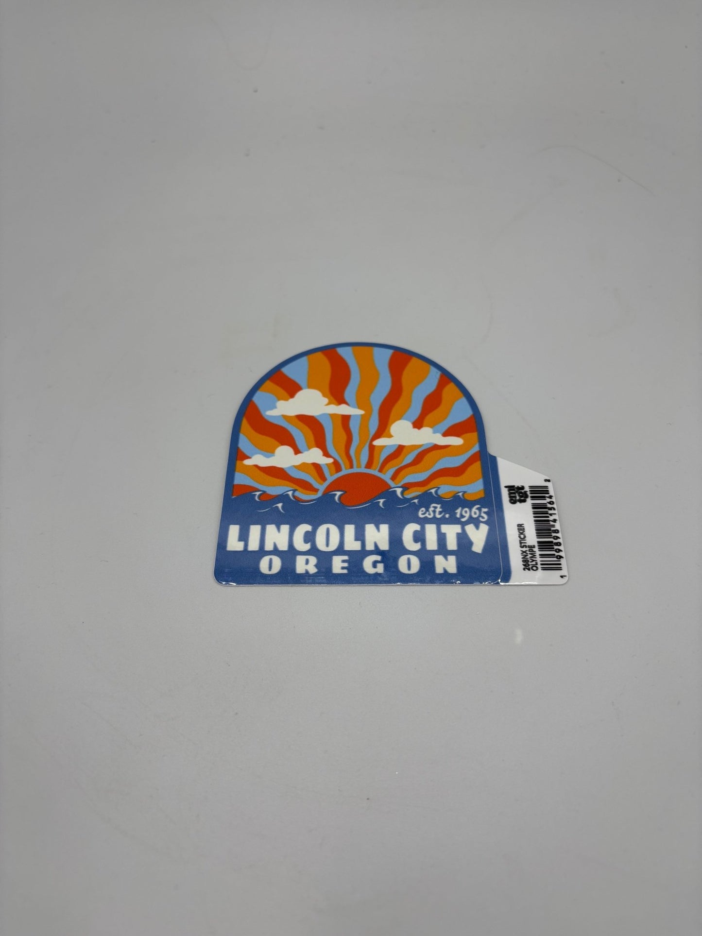 Sticker - Large waves sun and clouds established 1965 Lincoln City, Oregon