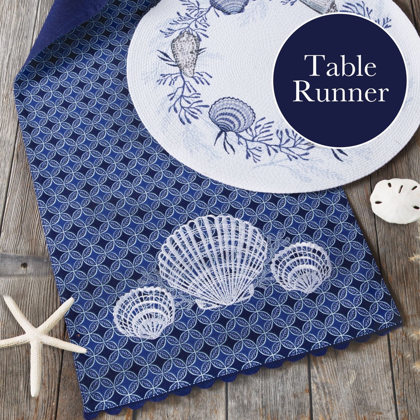 Table Runner - Blue Shell Coastal Embroidered