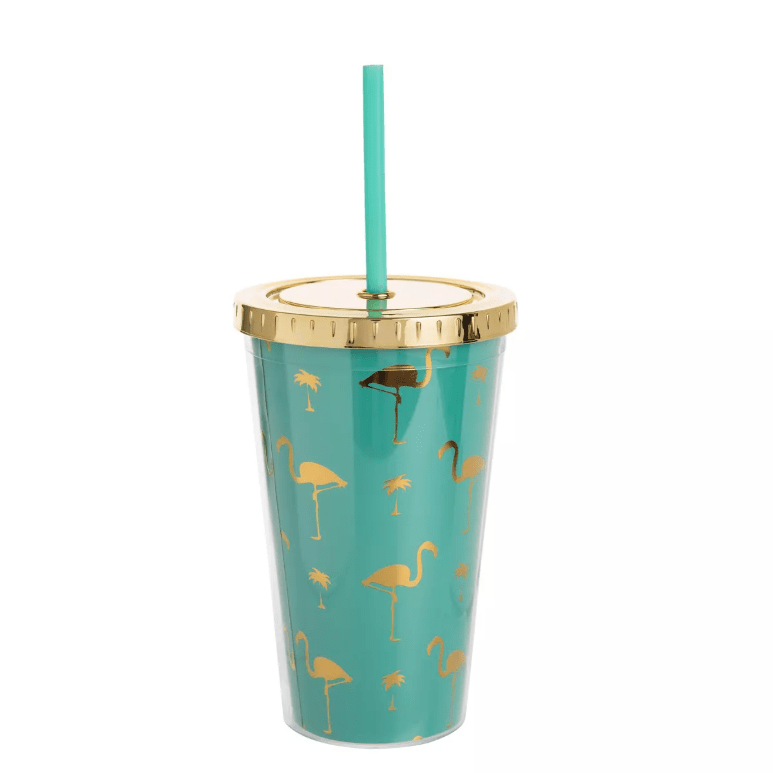 Tumbler - 16 oz Plastic Cup with Blue Flamingo Design