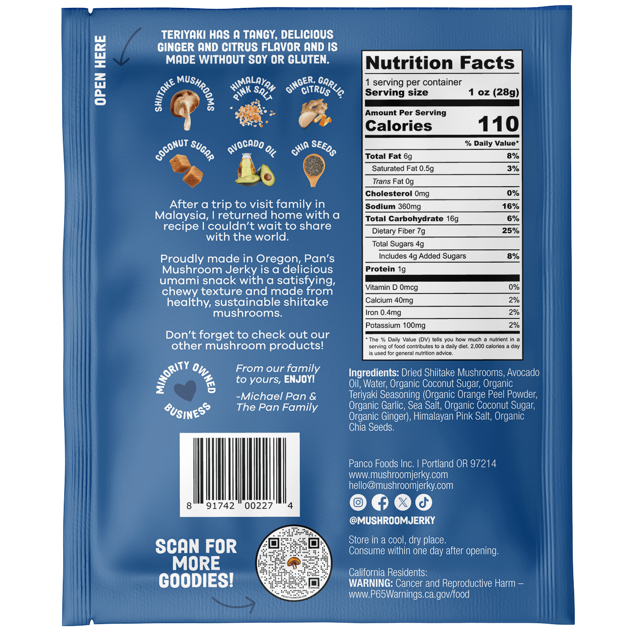 Pan's Mushroom Jerky - 1oz Single ServeTeriyaki