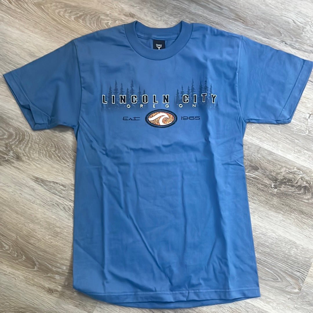 T-Shirt Blue Distant Tree & Wave Lincoln City Oregon