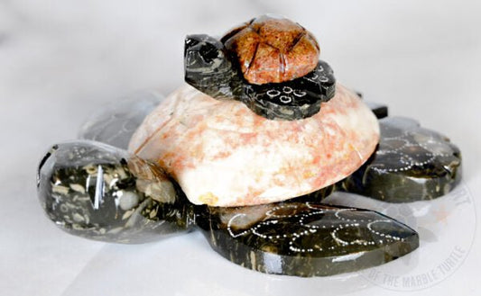 Figurine Marble Turtle with Baby 4"