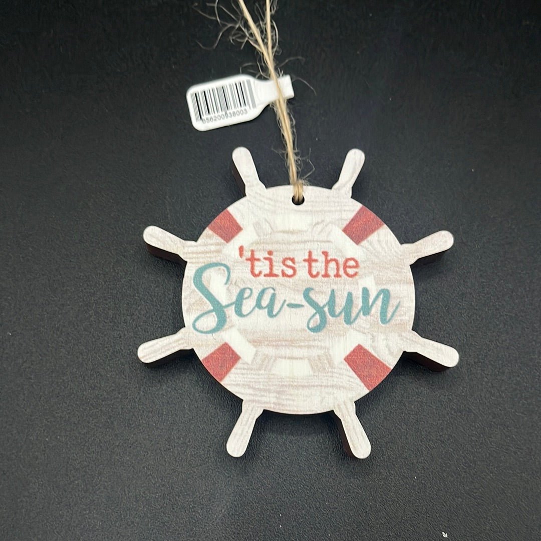 Clearance Ornament - ORN0189 - Ship Wheel tis the Sea-Sun