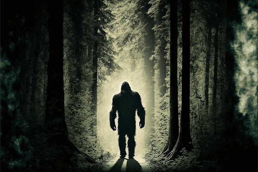 A silhouette of bigfoot in the dark woods to illustrate Eternal Fascination Bigfoot, Oregon & the Pacific Northwest