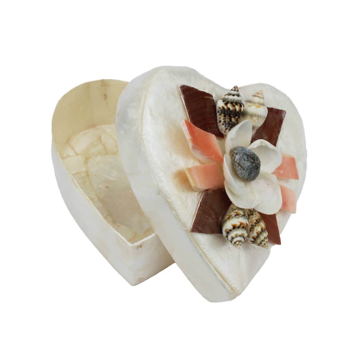 Box - 2" Heart Capiz Shell with Flower Design - Trinket