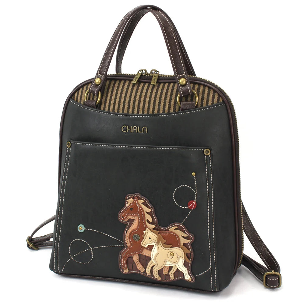 Convertible Backpack Purse - Horse Family Black