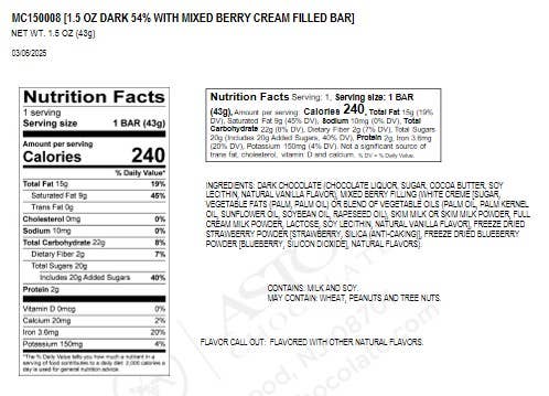 Chololate - Moodibars® BERRY HAPPY Dk Choco Mixed Berry Cream 1.5 oz bar