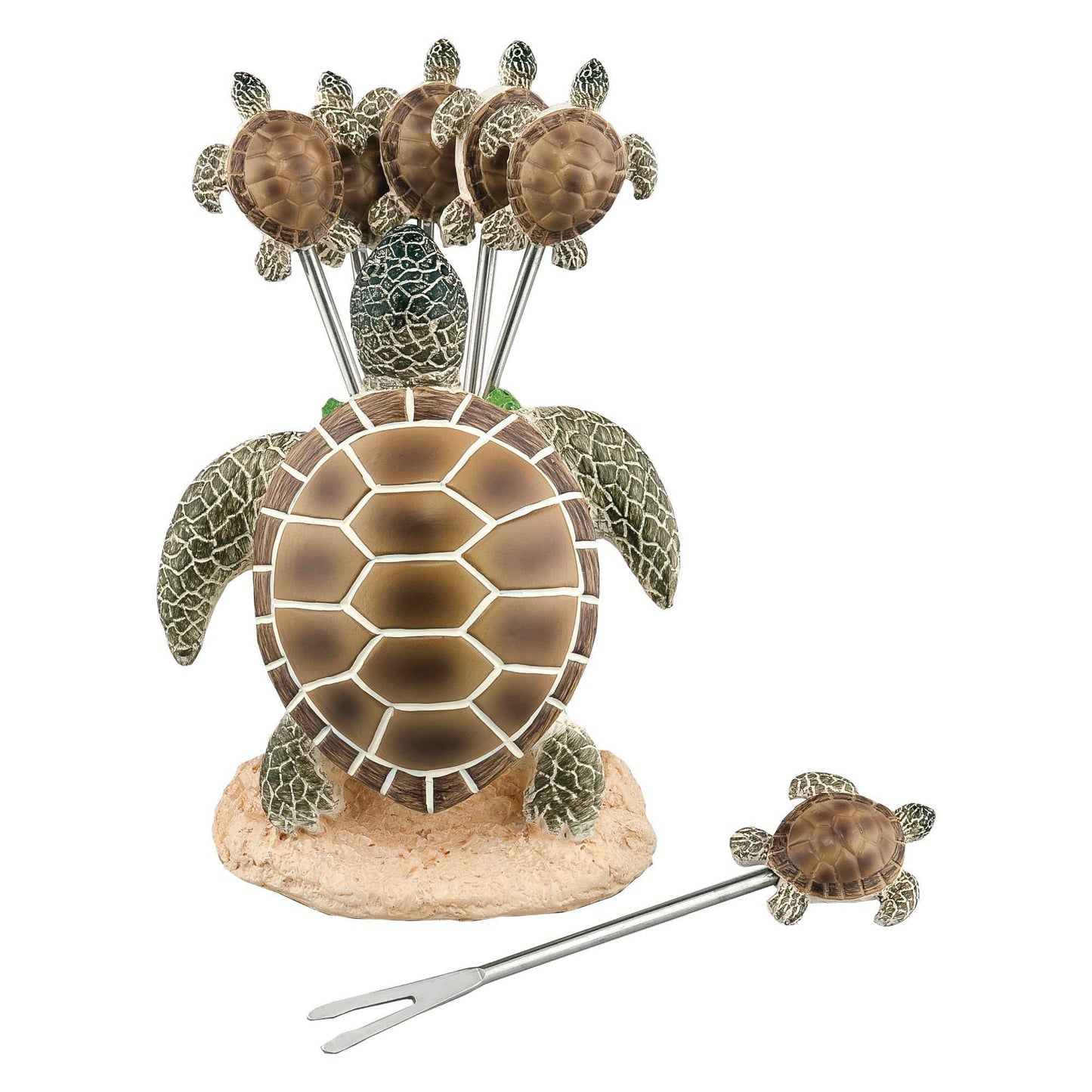 Cocktail Pick with Holder - 6-Piece Turtle Stainless Steel Fork & Hand Painted Resin