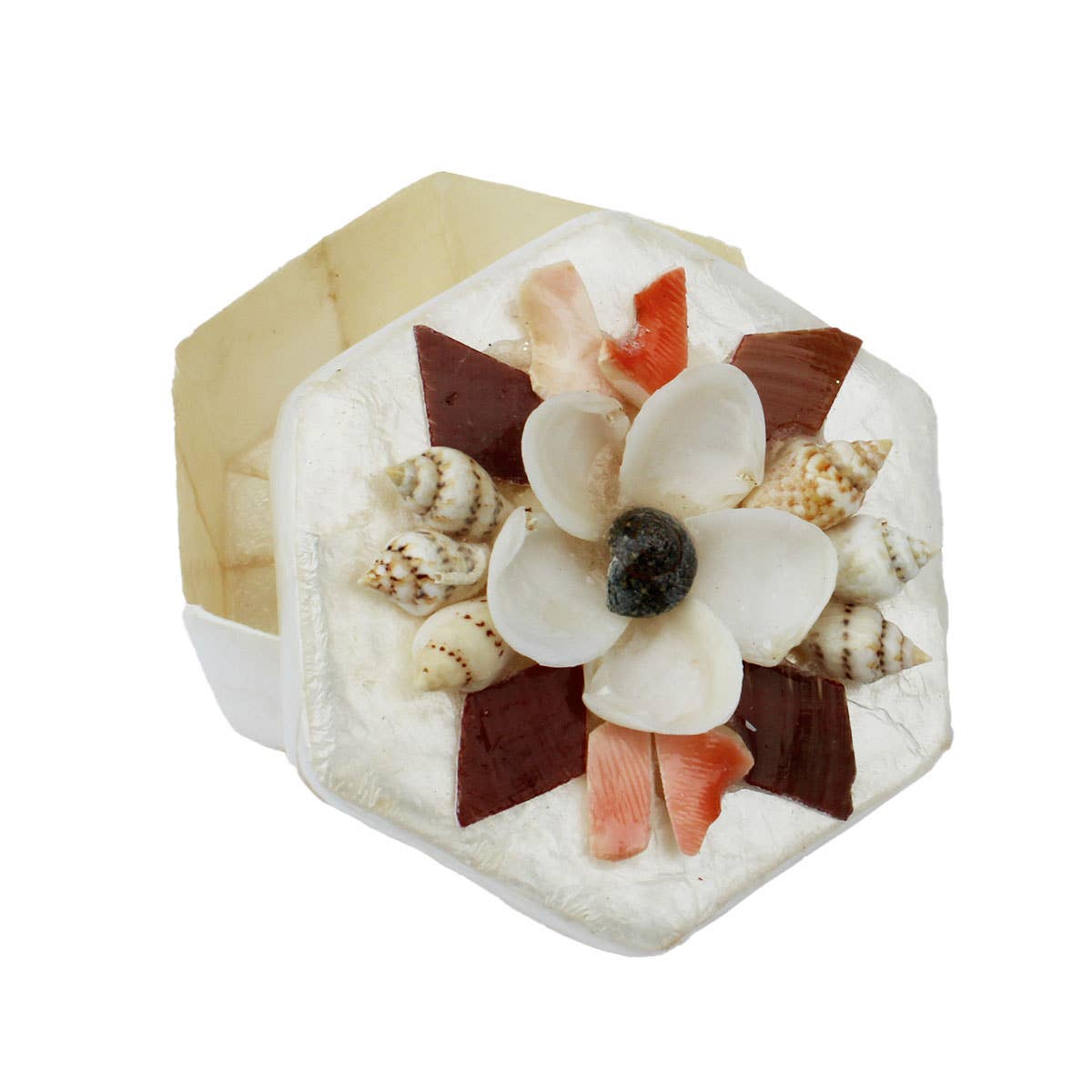 Box 2" Hexagon Capiz Shell with Flower Design - Trinket