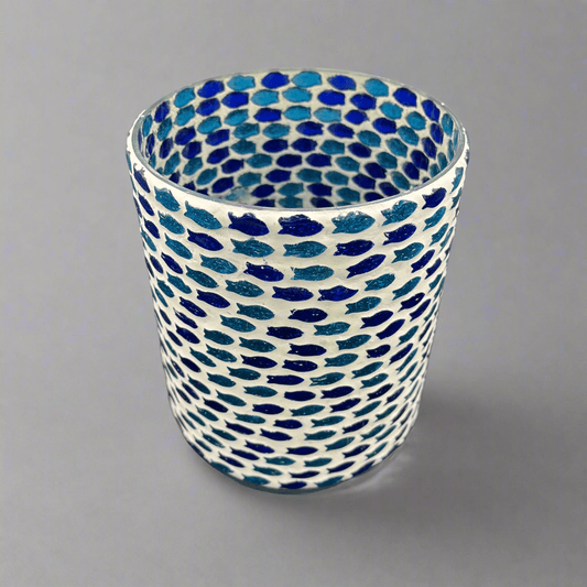 Candle Holder - White & Blue Fish Mosaic