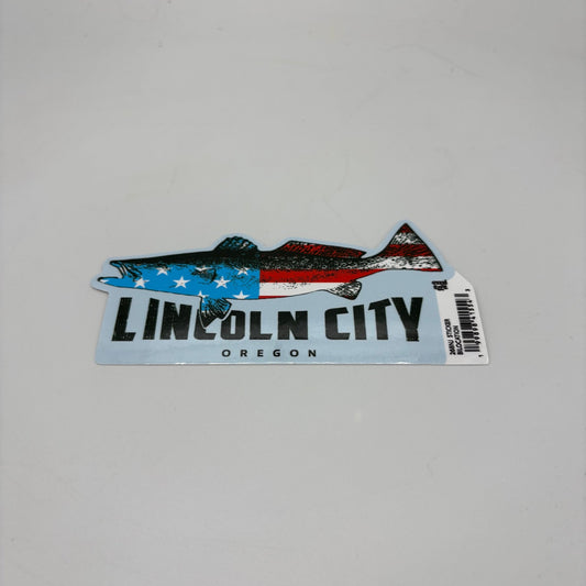 Sticker - Large American flag fish Lincoln ￼City, Oregon