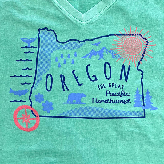 Apparel - Ladies V-Neck T-Shirt Oregon Map Mint