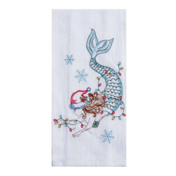 Towel - Holiday Mermaid Embroidered Flour Sack Towel