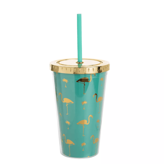 Tumbler - 16 oz Plastic Cup with Blue Flamingo Design