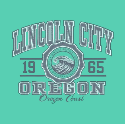 Teal t-shirt with 'Lincoln City, Oregon' text and wave design on a teal background