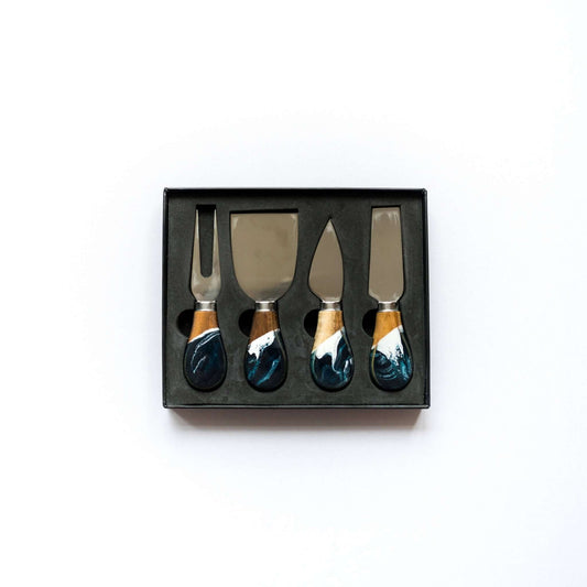 Cheese Knife Set - Resin Coated  Navy White Metallic