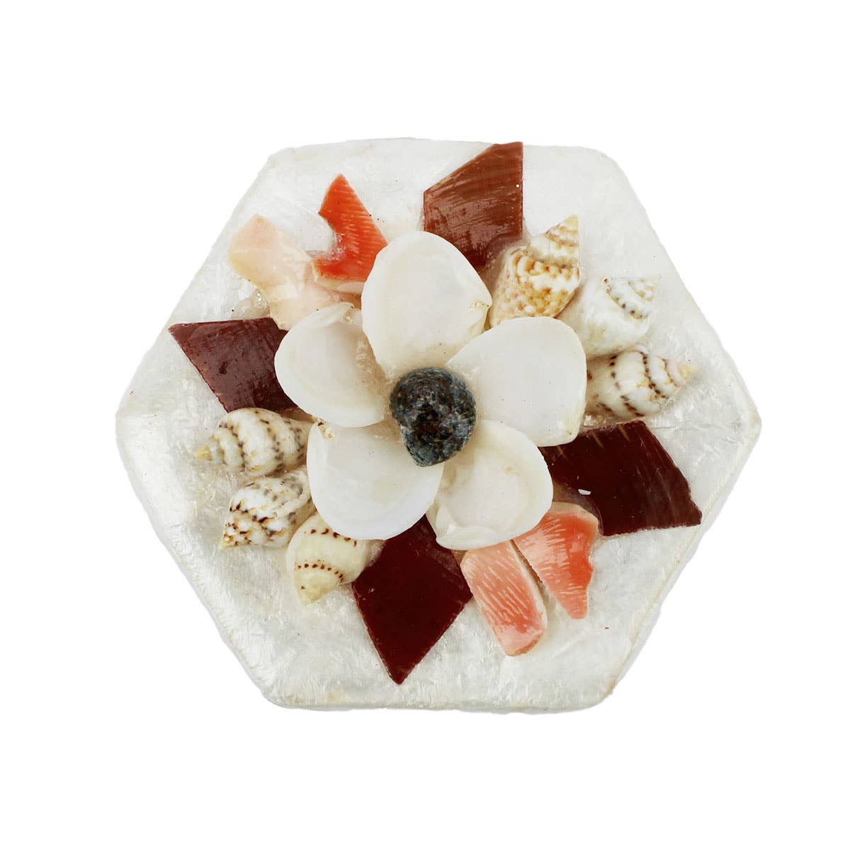 Box 2" Hexagon Capiz Shell with Flower Design - Trinket