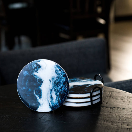 4.5″ x 4.5″ Navy White Metallic Ceramic Resin Coasters