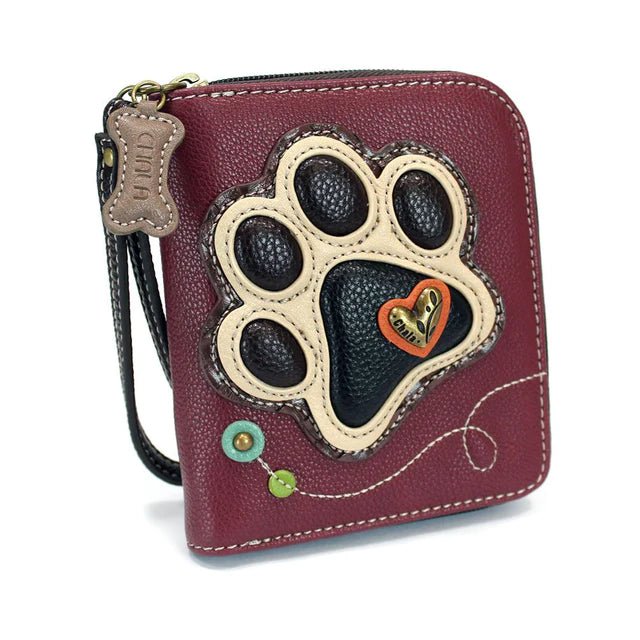 Zip Around Wallet Maroon Ivory Pawprint