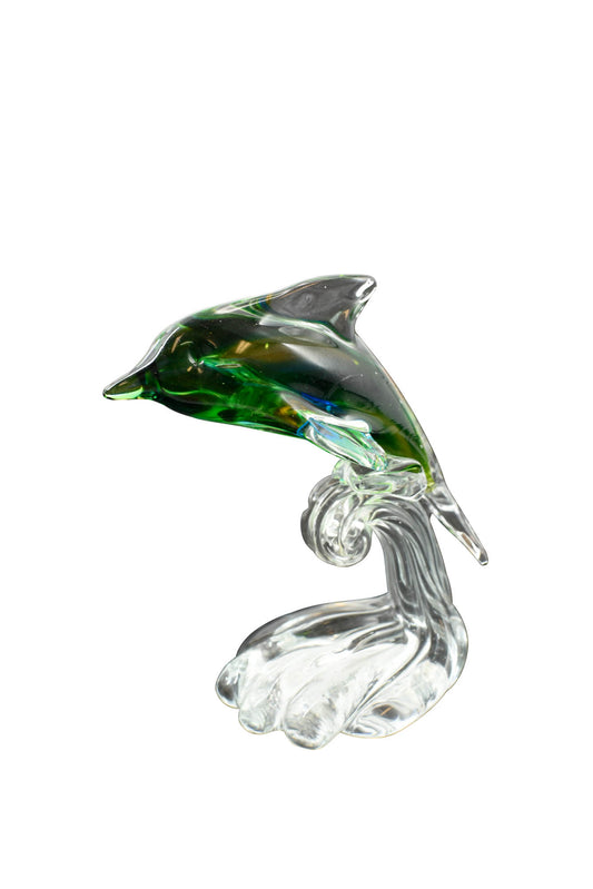 Glass Art - Green Glass Dolphin on Wave