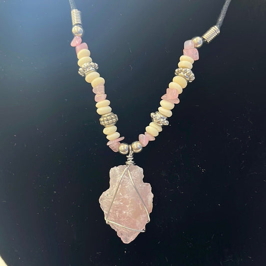 Necklace Rose Quartz Arrowhead With Pink Beads