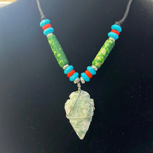 Necklace Arrowhead With Green & Blue Beads