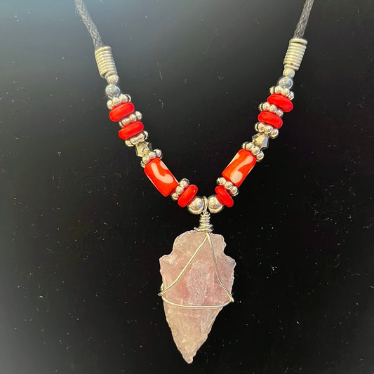 Necklace Rose Quartz Arrowhead With Orange Beads