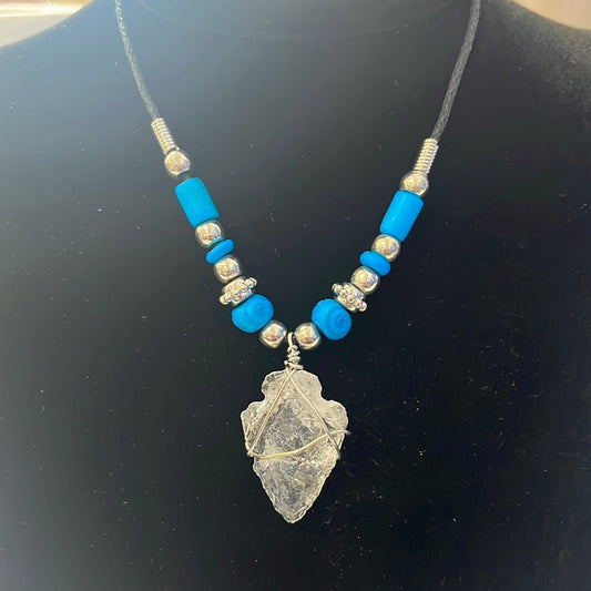 Necklace Quartz Arrowhead With Blue Beads