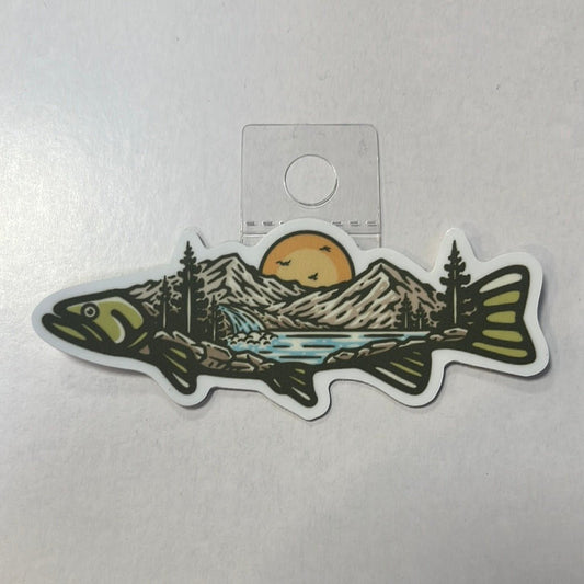 Trout shaped Mountains & Lake Sticker